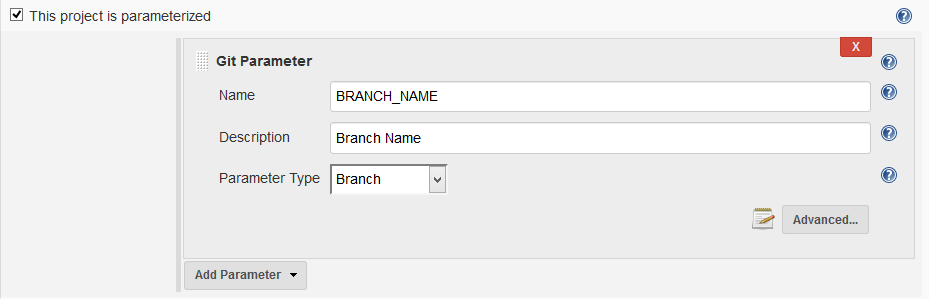 Check 'This project is parameterized'. Select 'Branch' as the Parameter Type and give it a logical name.